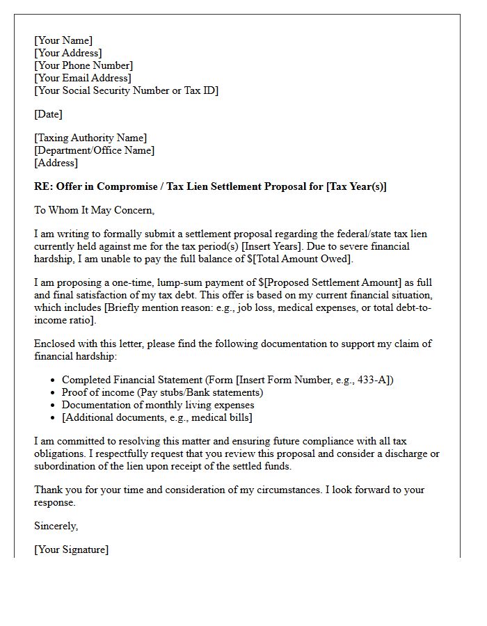 Financial Hardship Tax Lien Settlement Proposal Letter
