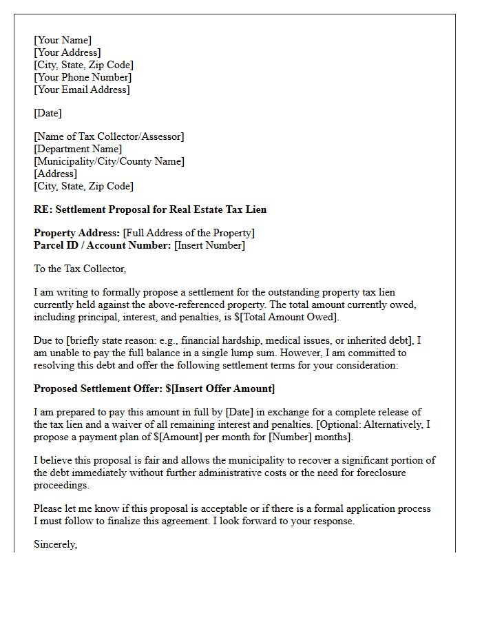 Municipal Real Estate Tax Lien Settlement Proposal Letter