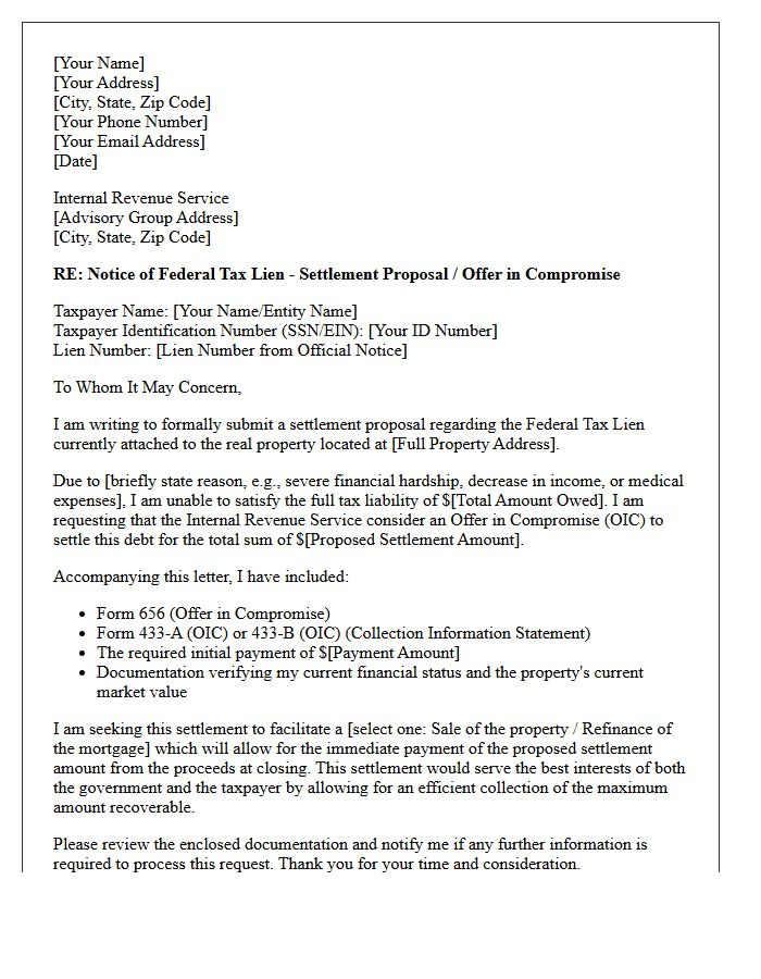 Federal Real Estate Tax Lien Settlement Proposal Letter