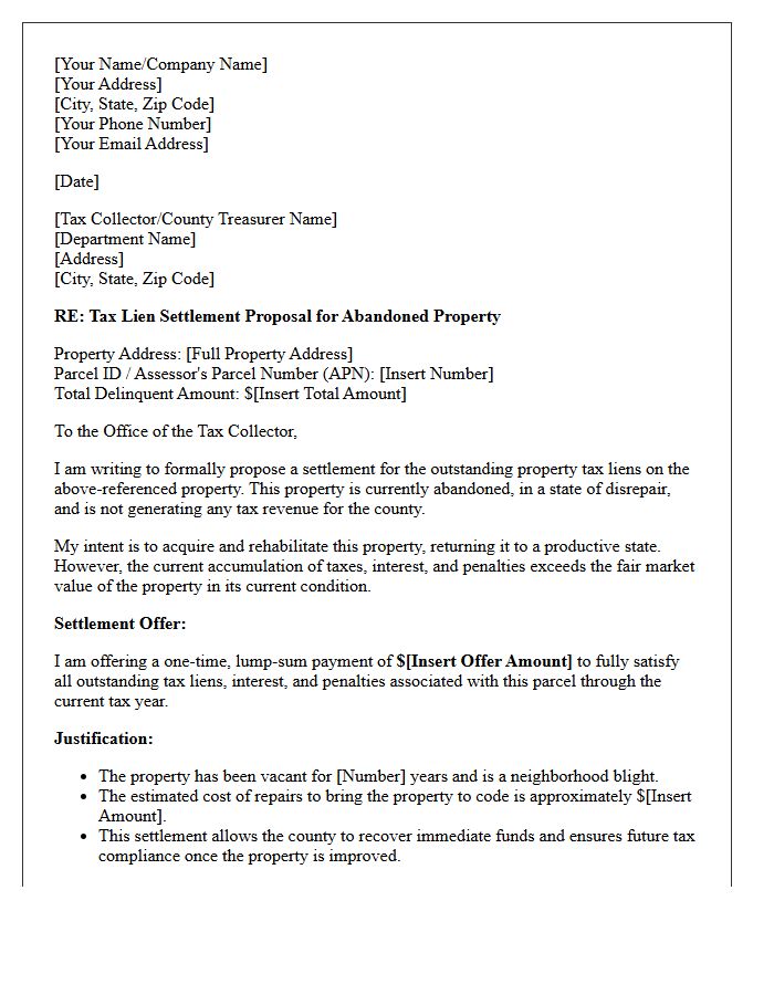 Abandoned Property Tax Lien Settlement Proposal Letter