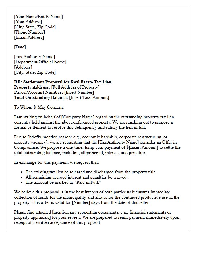 Corporate Real Estate Tax Lien Settlement Proposal Letter