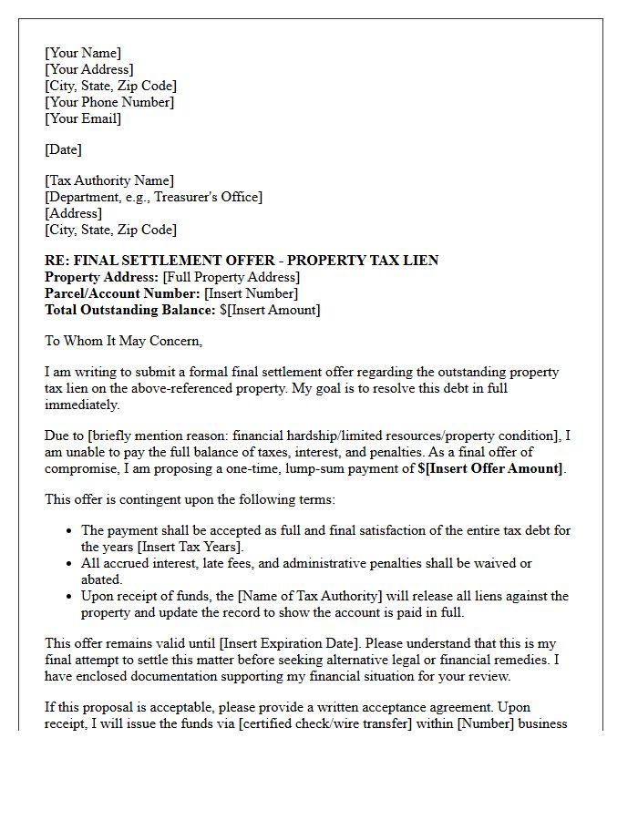 Final Offer Real Estate Tax Lien Settlement Proposal Letter