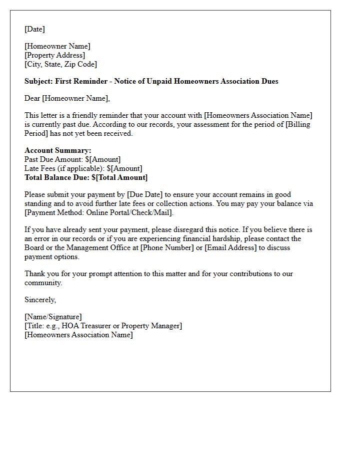 First Reminder Homeowners Association Dues Arrearage Letter