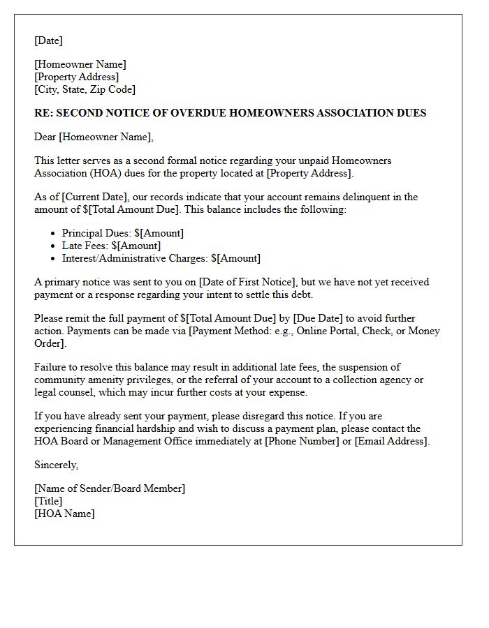 Second Warning Homeowners Association Dues Arrearage Letter