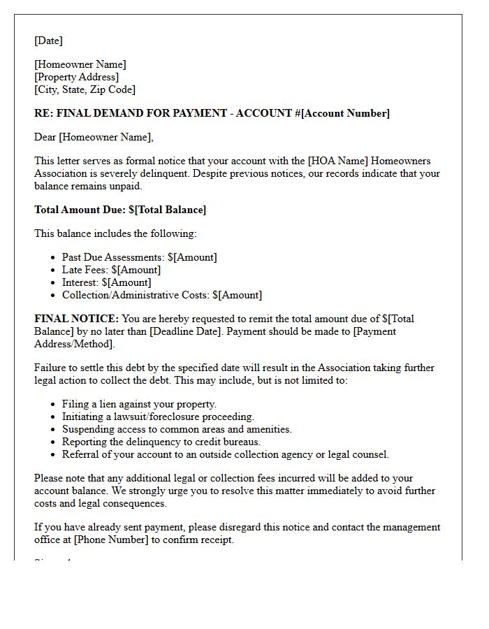 Final Demand Homeowners Association Dues Arrearage Letter
