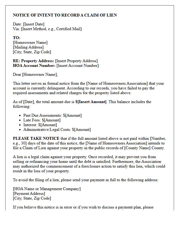 Notice of Intent to Lien for Homeowners Association Dues Arrearage Letter