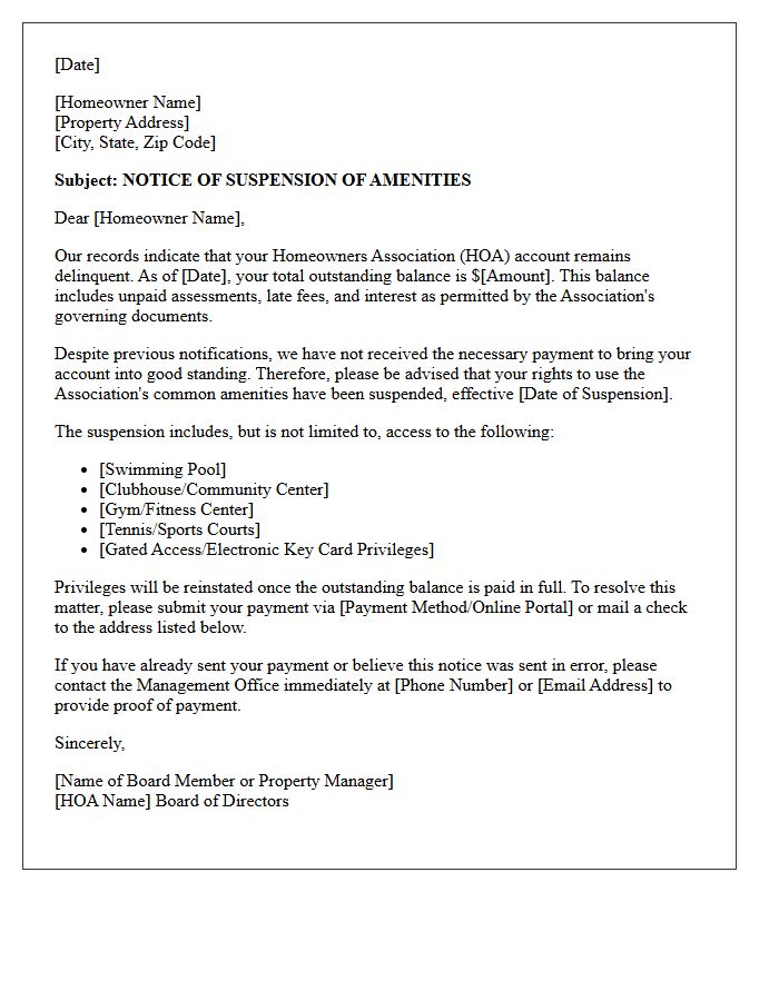 Suspension of Amenities Due to Homeowners Association Dues Arrearage Letter