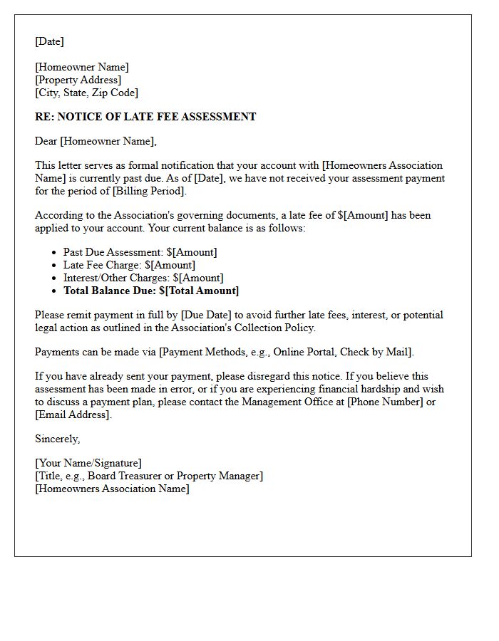 Late Fee Assessment for Homeowners Association Dues Arrearage Letter