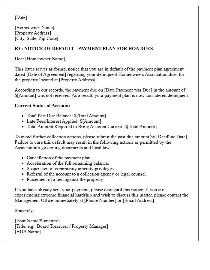 Payment Plan Default on Homeowners Association Dues Arrearage Letter
