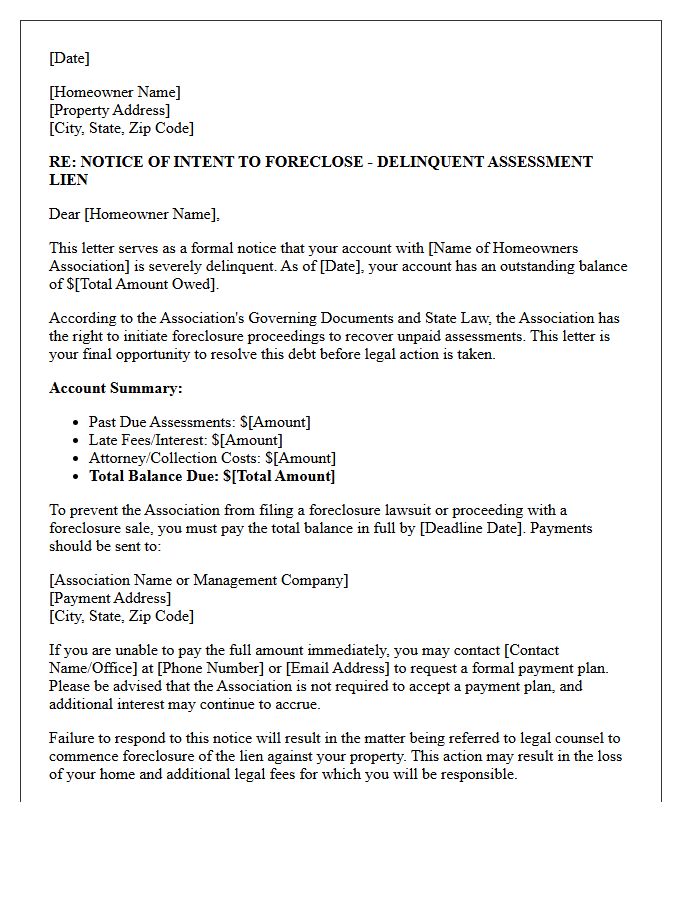 Pre-Foreclosure Notice for Homeowners Association Dues Arrearage Letter