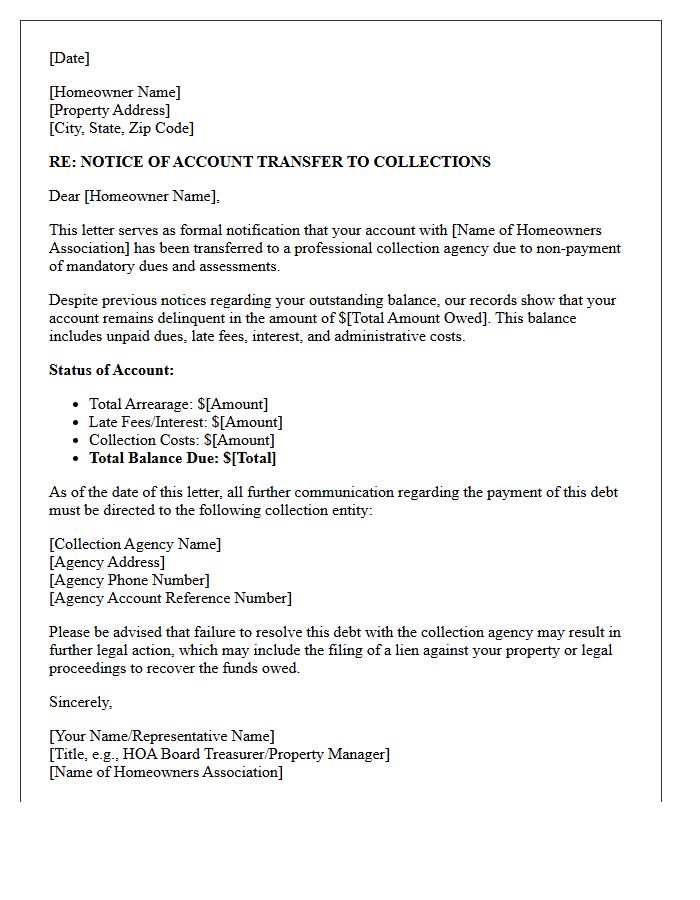 Account Sent to Collections for Homeowners Association Dues Arrearage Letter