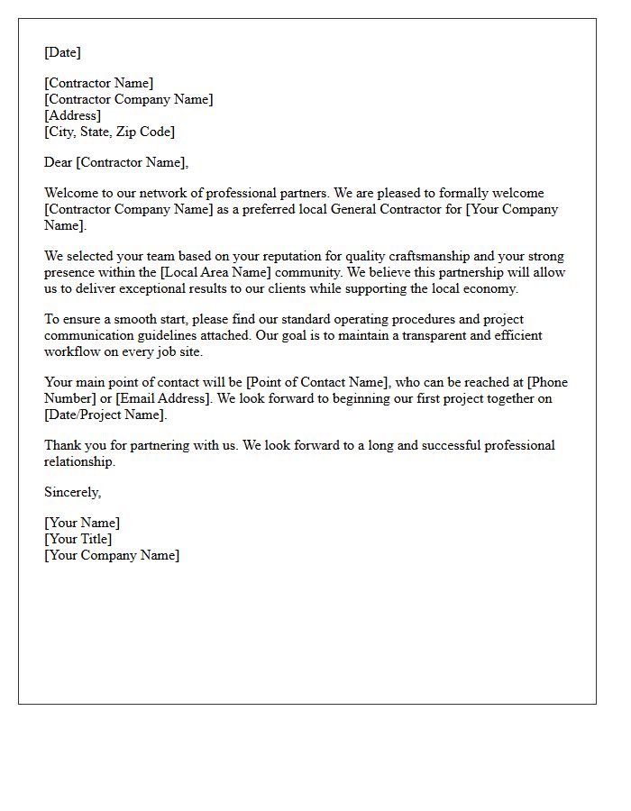 Welcome Letter to Our New Local General Contractor Partnership