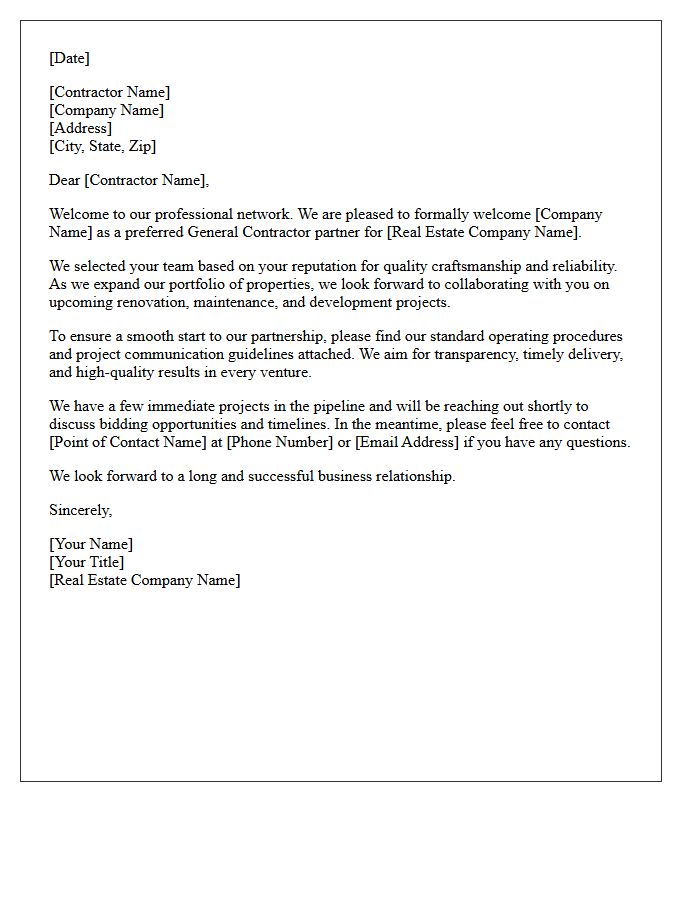 Real Estate Partnership Welcome Letter for General Contractors