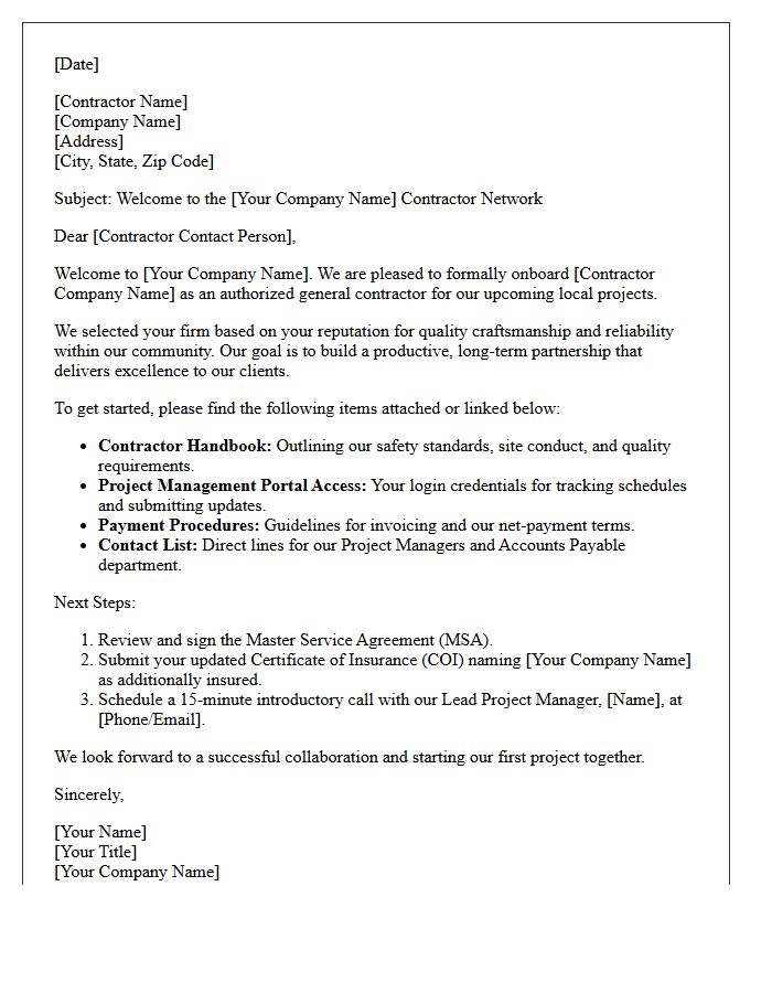 Onboarding Welcome Letter for Local General Contractors