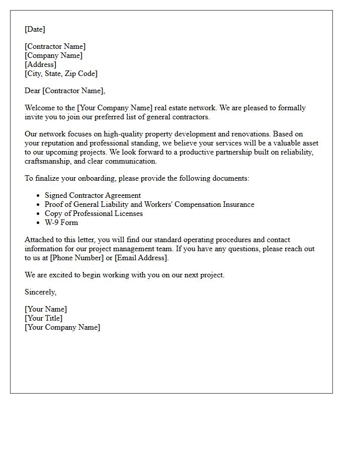 Welcome Letter to New General Contractors in Our Real Estate Network
