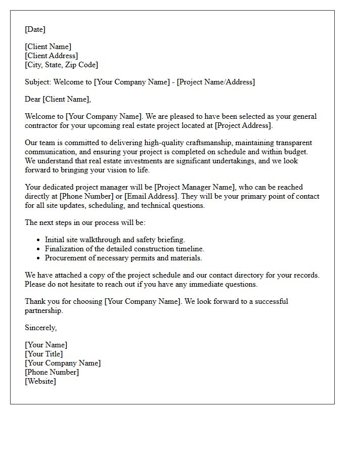 Local General Contractor Welcome Letter for Real Estate Projects