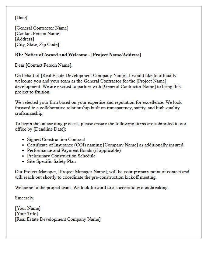 Real Estate Development Welcome Letter for New General Contractors