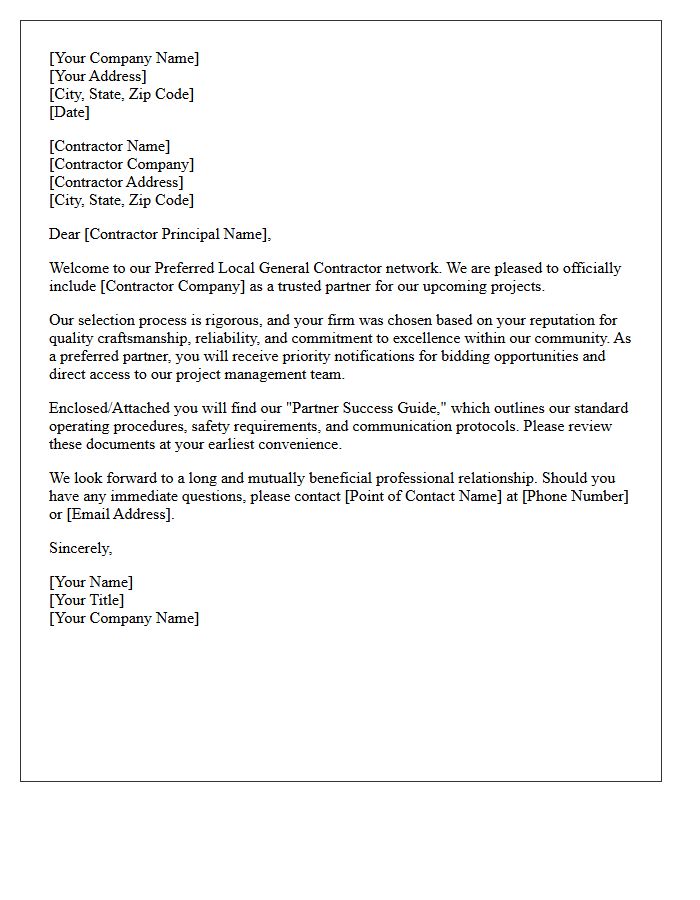Welcome Letter to Our Preferred Local General Contractors