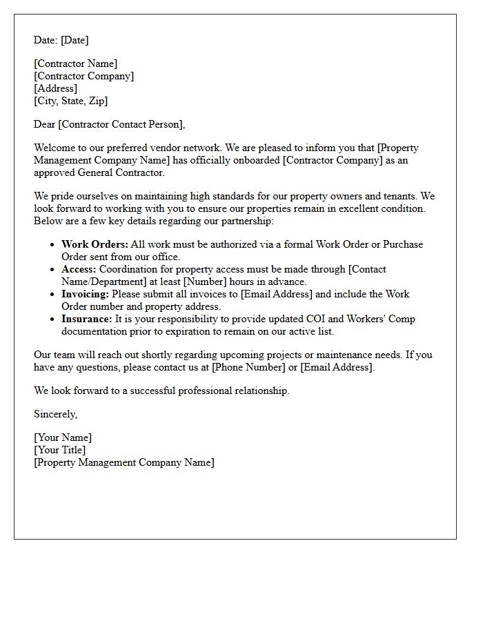 New General Contractor Welcome Letter for Property Management