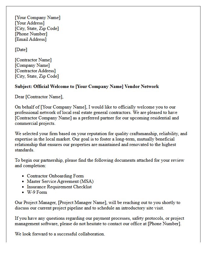 Official Welcome Letter for Local Real Estate General Contractors