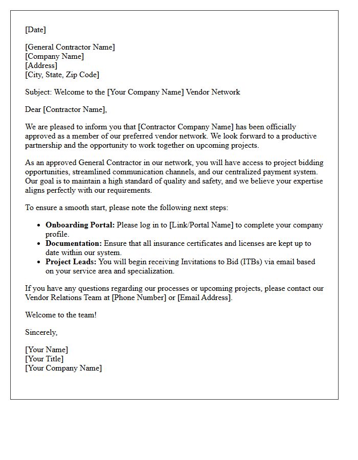 Vendor Network Welcome Letter to New General Contractors