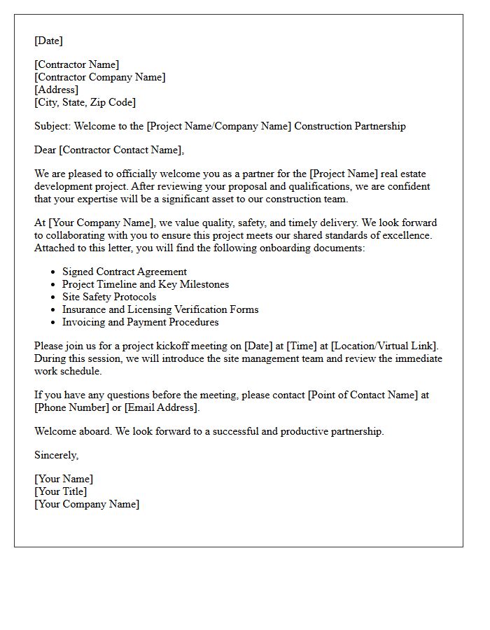 Real Estate Construction Partnership Welcome Letter for Contractors