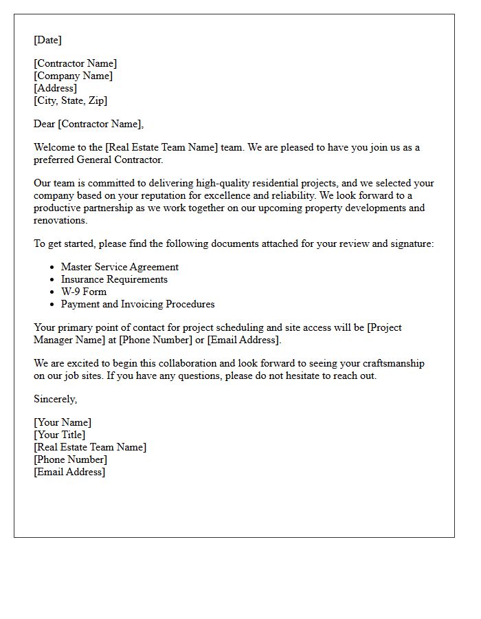 Welcome Letter to New General Contractors Joining Our Real Estate Team