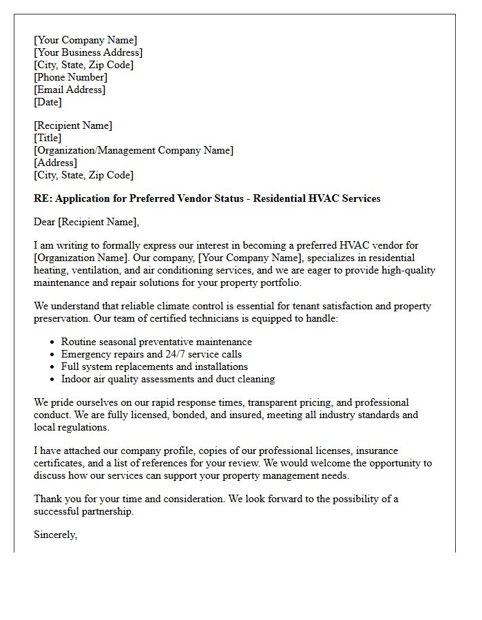 Letter of Application for Preferred Vendor Status as a Residential HVAC Contractor
