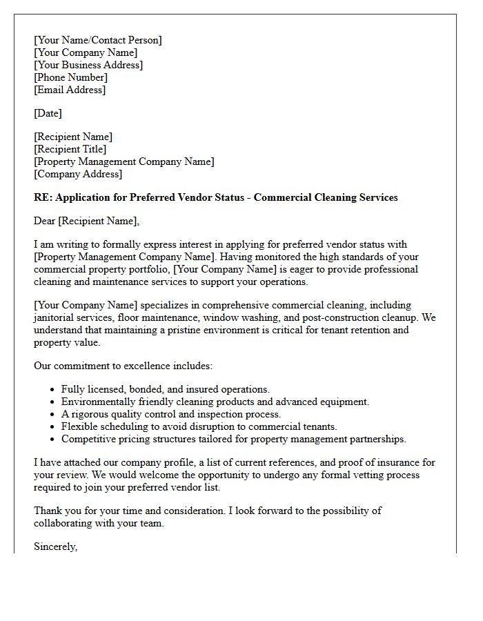 Letter of Application for Preferred Vendor Status for Commercial Property Cleaning Services