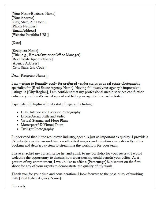Letter of Application for Preferred Vendor Status as a Real Estate Photography Specialist