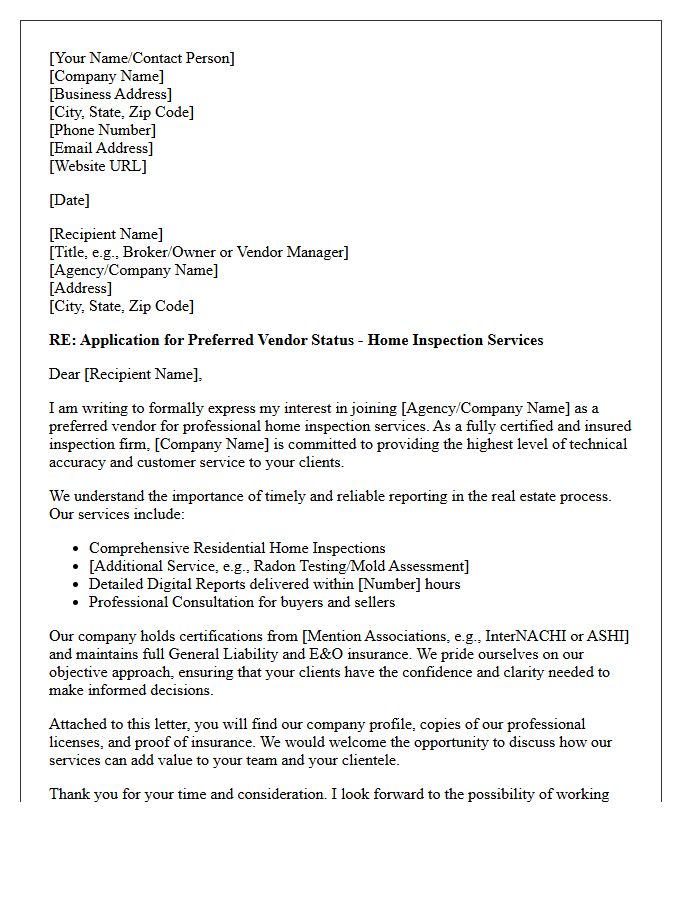 Letter of Application for Preferred Vendor Status as a Certified Home Inspection Company