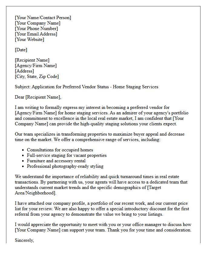 Letter of Application for Preferred Vendor Status for Real Estate Home Staging Services