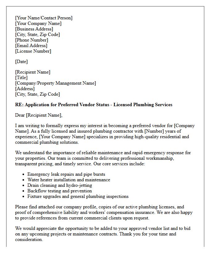 Letter of Application for Preferred Vendor Status as a Licensed Plumbing Contractor