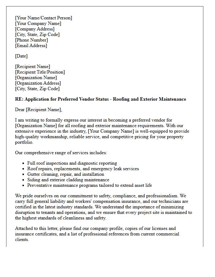 Letter of Application for Preferred Vendor Status for Roofing and Exterior Maintenance