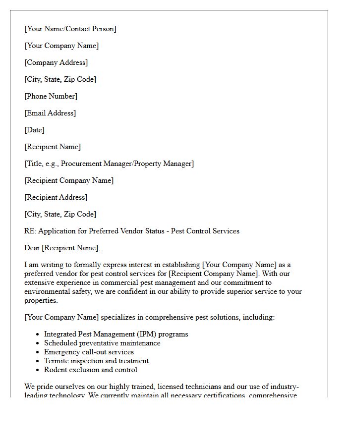 Letter of Application for Preferred Vendor Status as a Professional Pest Control Provider