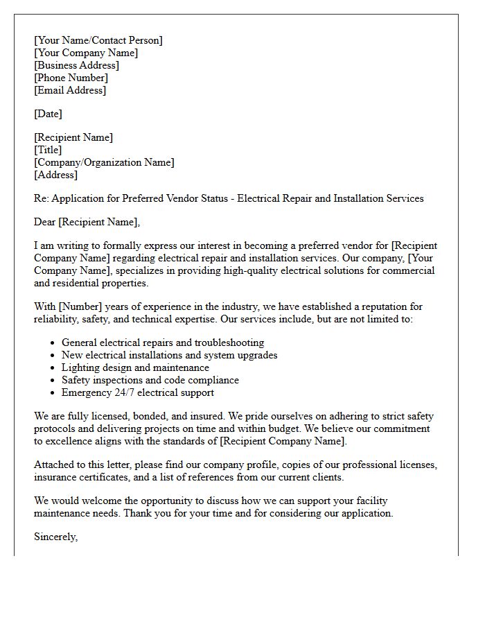 Letter of Application for Preferred Vendor Status for Electrical Repair and Installation