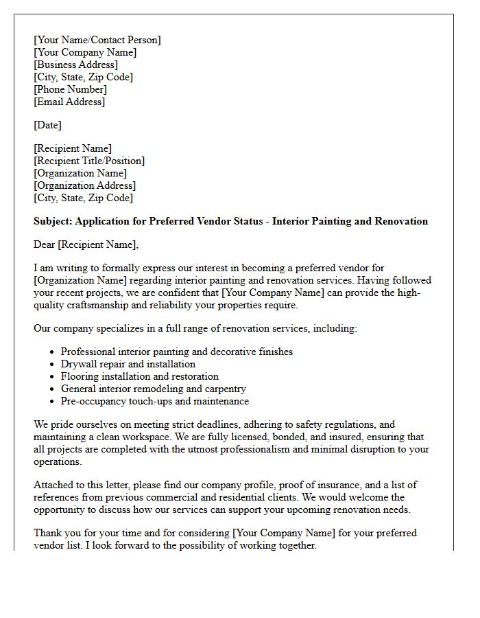 Letter of Application for Preferred Vendor Status for Interior Painting and Renovation