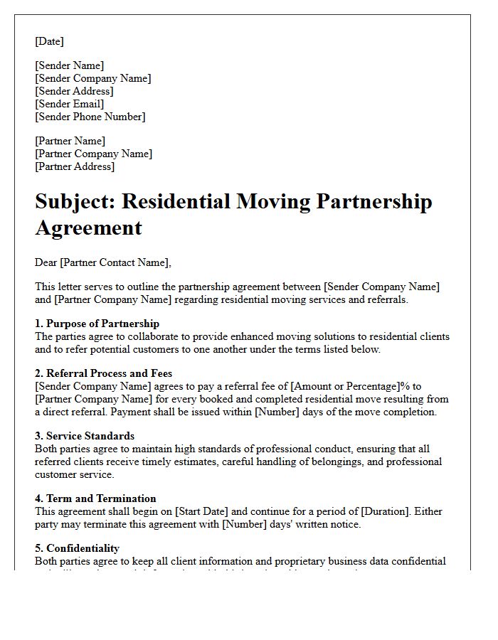 Residential Moving Partnership Agreement Letter