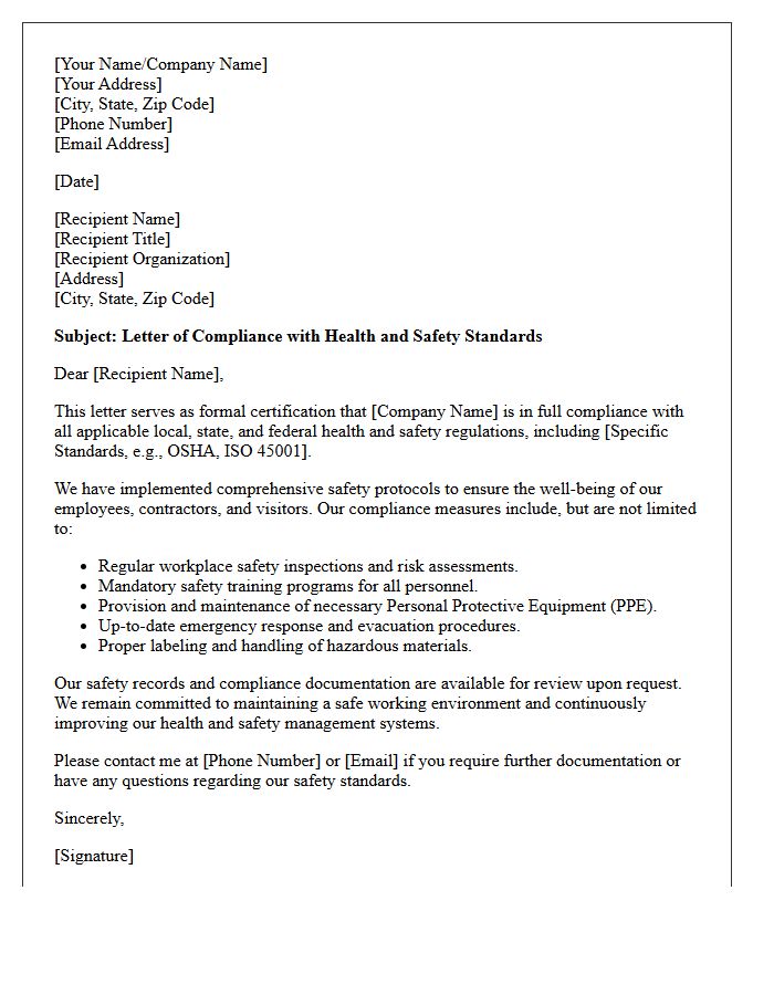 Health and Safety Standards Compliance Letter