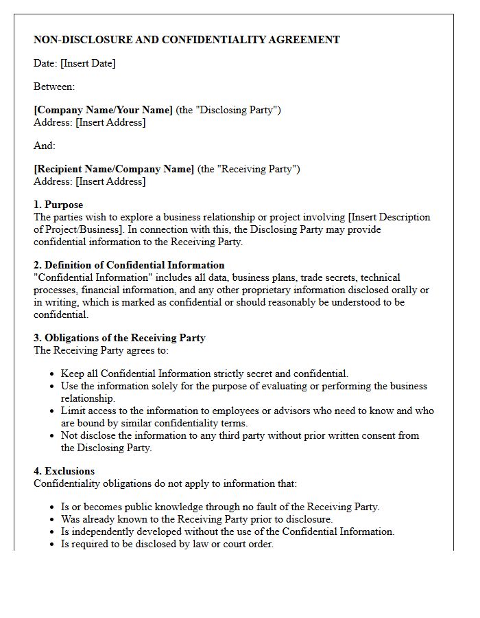 Non-Disclosure and Confidentiality Agreement Letter