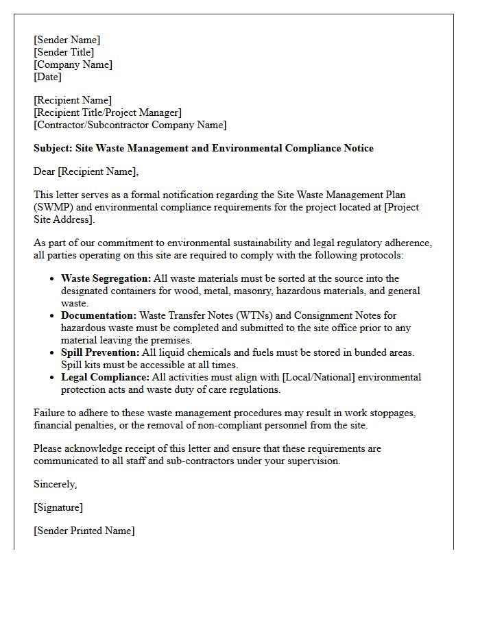 Site Waste Management and Environmental Compliance Letter