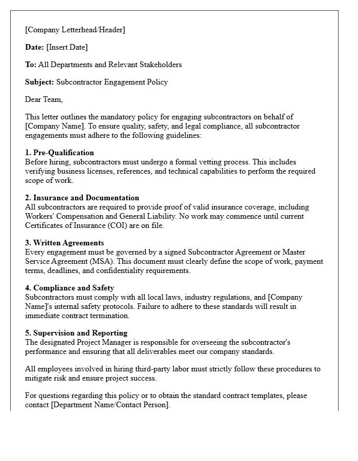 Subcontractor Engagement Policy Letter