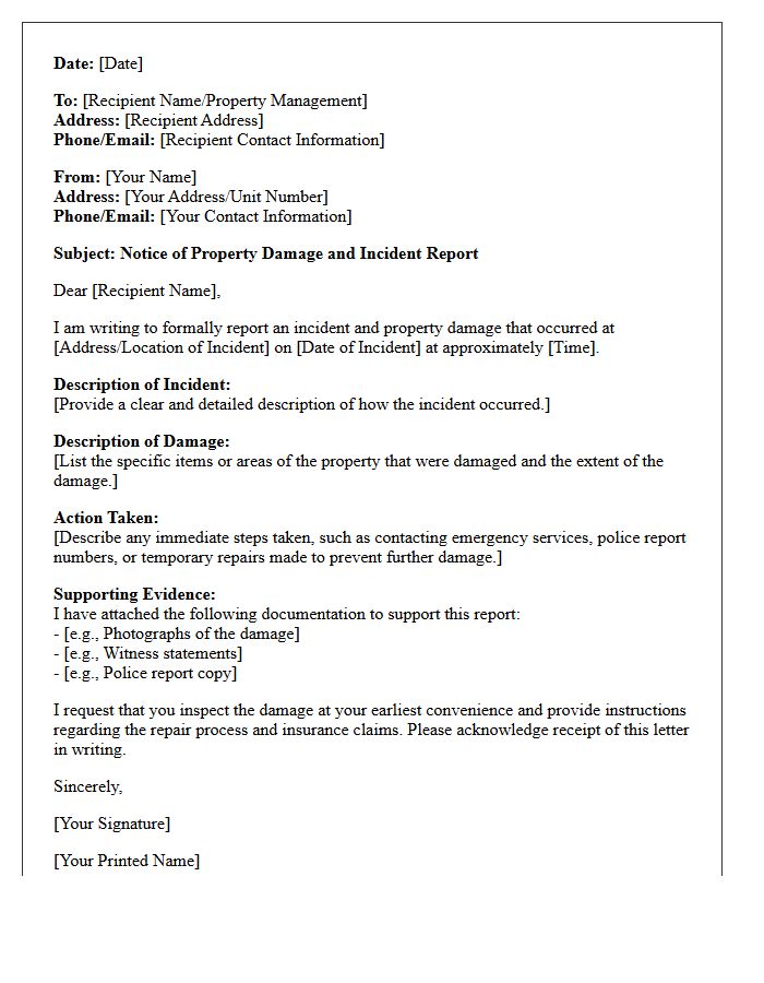 Property Damage and Incident Reporting Letter