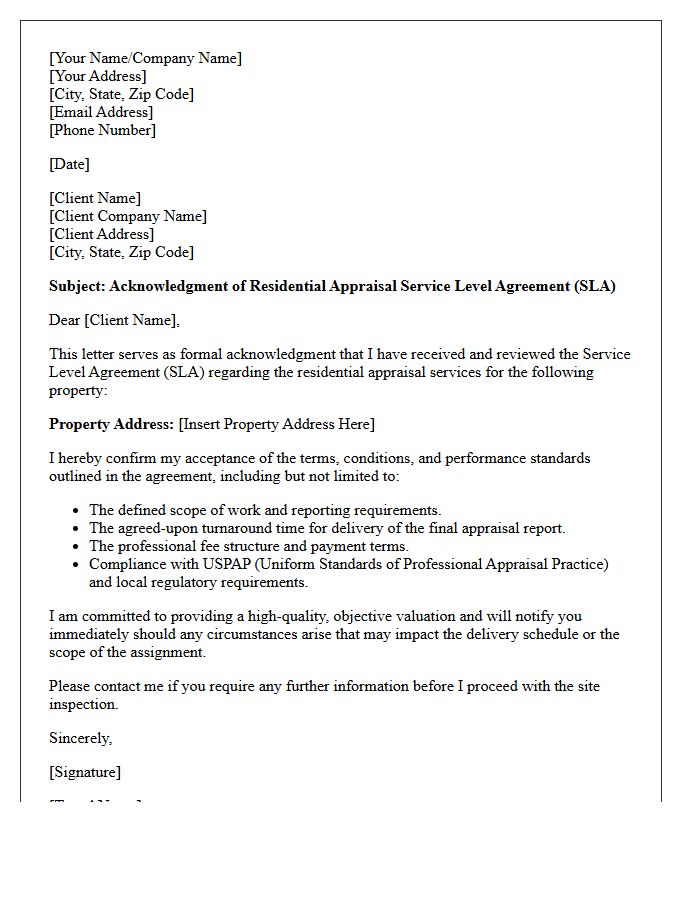 Acknowledgment Letter for Residential Appraisal Service Level Agreement