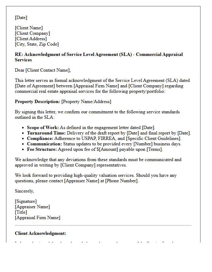 Commercial Real Estate Appraisal Service Level Agreement Acknowledgment Letter