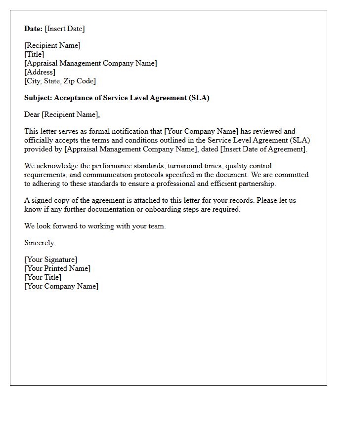 Appraisal Management Company Service Level Agreement Acceptance Letter