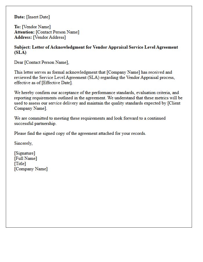 Letter of Acknowledgment for Vendor Appraisal Service Level Agreement