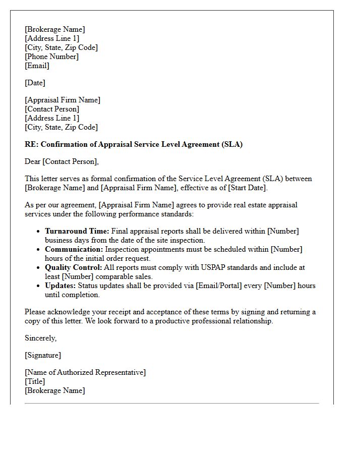 Real Estate Brokerage Appraisal Service Level Agreement Confirmation Letter