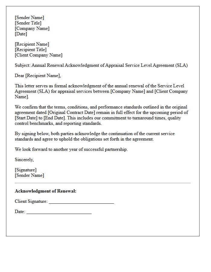 Annual Renewal Appraisal Service Level Agreement Acknowledgment Letter