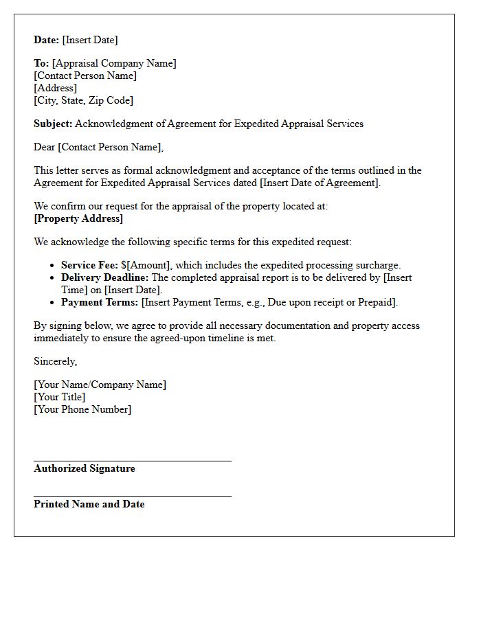 Letter of Agreement Acknowledgment for Expedited Appraisal Services